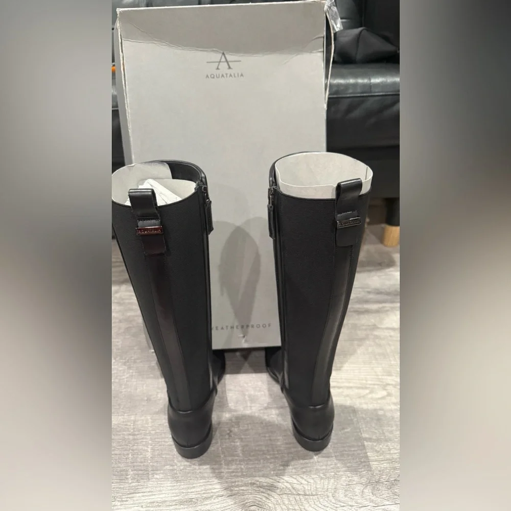 Aquatalia Nastia Calf Elastic‎ Black Leather Knee-High Boots